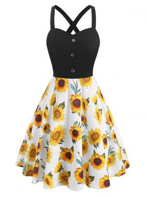 Sunflower Print Mock Button Criss Cross Dress