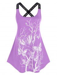 Plus Size Butterfly Branch Print Lace Crochet Crisscross Tank Top -  