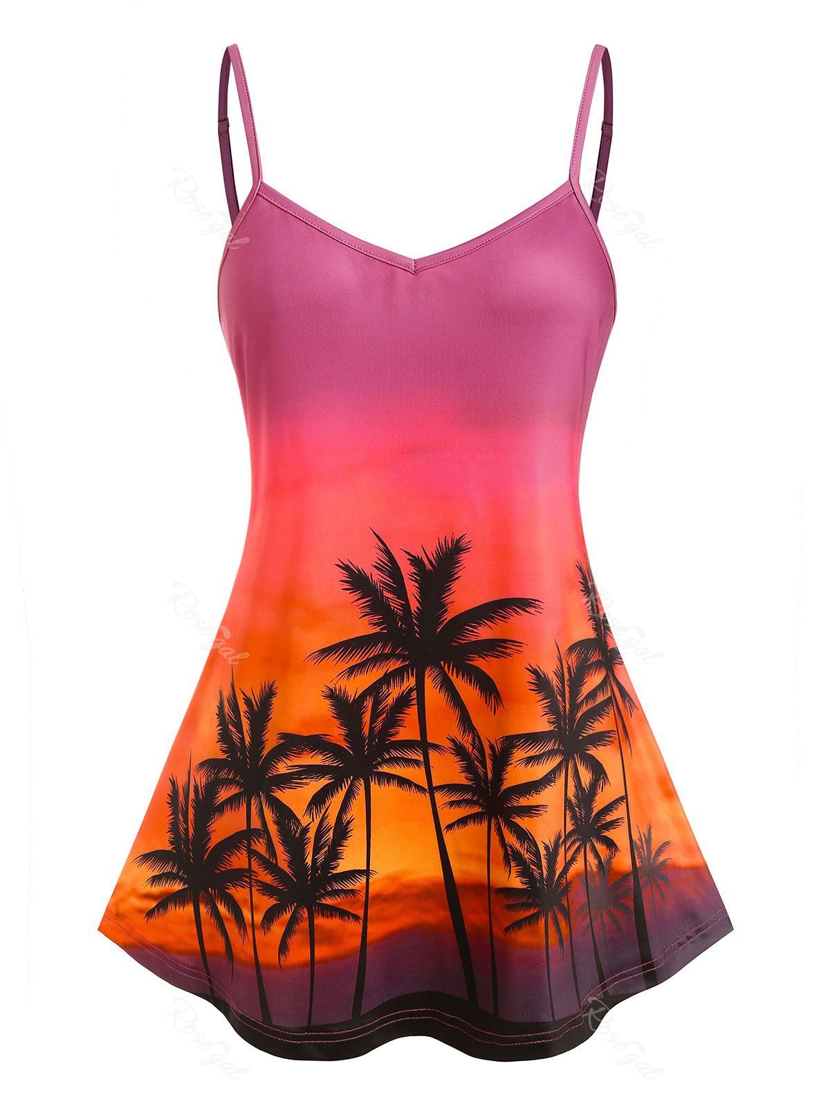 Fashion Plus Size Sunset Palm Print Swing Camisole  