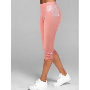 

Lace Insert Button Tab Crop Leggings, Light pink