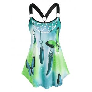 

Plus Size Dreamcatcher Butterfly Print O Ring Tank Top, Deep green