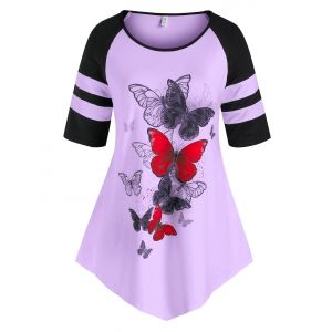 

Plus Size Butterfly Contrast Binding Raglan Sleeve Tee, Light purple