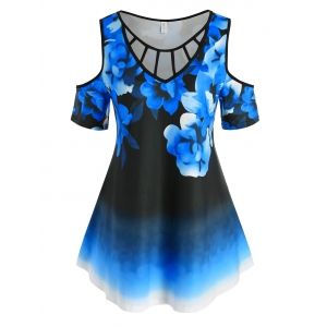 

Plus Size Cutout Cold Shoulder Floral Print Tee, Blue