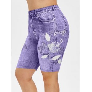 

Plus Size Leaves Print 3D Denim Short Jeggings, Purple