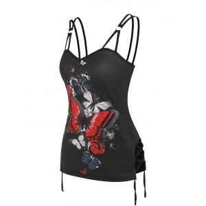 

Butterfly Print Lace Up O Ring Tank Top, Black
