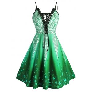 

Plus Size Ombre Butterfly Lace-up Crochet Panel Cami Dress, Green