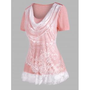 

Lace Insert Cowl Front Ruffle Hem T Shirt, Light pink