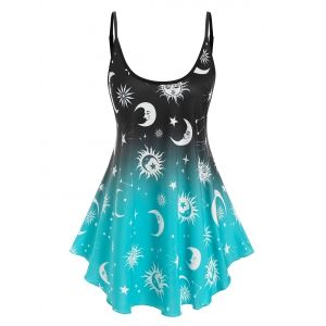 

Ombre Color Sun and Moon Print Tent Tank Top, Light green