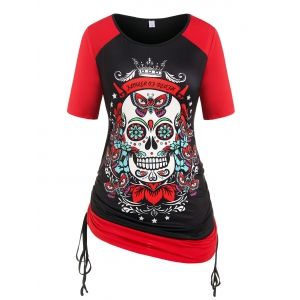 

Plus Size Cinched Skull Butterfly Print Gothic Tee, Black