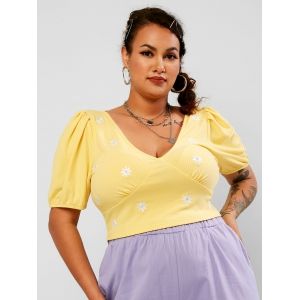 

Plus Size Floral Embroidered Ribbed Puff Sleeve Top, Light yellow