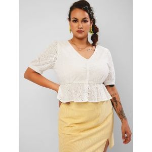 

Eyelet Button Up Peplum Hem Plus Size Blouse, White