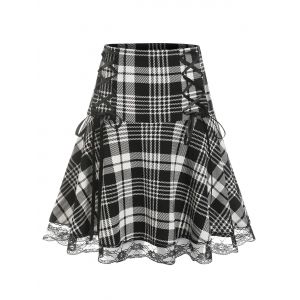 

Plus Size Lace Edge Checked Lace Up Skirt, Black