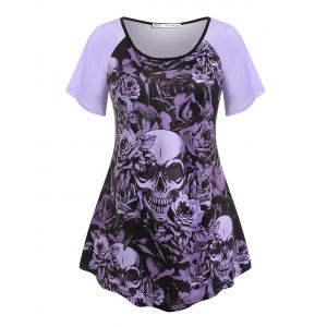 

Plus Size Skull Floral Print Raglan Sleeve Gothic Tee, Multi