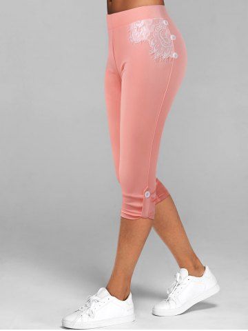 Lace Insert Button Tab Crop Leggings