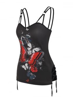 Butterfly Print Lace Up O Ring Tank Top - BLACK - M