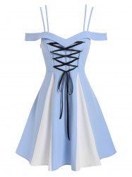 Lace-up Front Cold Shoulder Contrast Dress -  