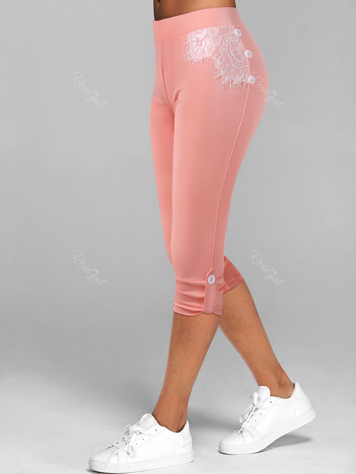Legging Court Boutonné en Dentelle Insérée Rose clair XL