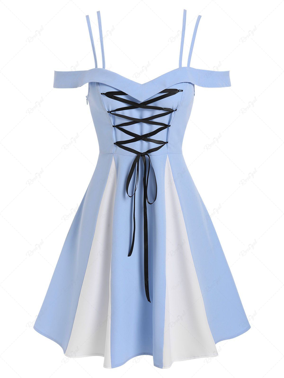 Online Lace-up Front Cold Shoulder Contrast Dress  