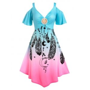 

Plus Size Ombre Color Cold Shoulder Feather Print Dress, Light blue