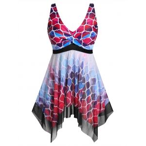 

Plus Size Mesh Printed Sheer Hanky Hem Boyleg Tankini Swimwear, Multi