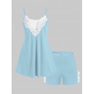 

Plus Size Lace Panel Pajama Cami Top and Shorts Set, Light blue