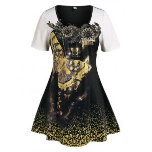 

Plus Size Butterfly Print Flower Applique Tee, Black