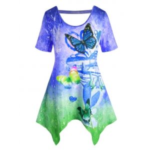 

Plus Size Ombre Butterfly Cutout Handkerchief Tunic Tee, Blue