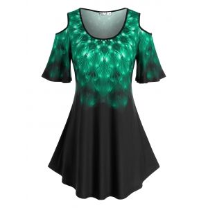 

Plus Size Feather Print Cold Shoulder T Shirt, Green