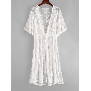

See Thru Flower Crochet Tie Front Longline Cover Up, White
