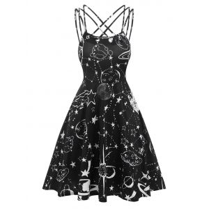 

Crisscross Strappy Starry Sky Print Dress, Black