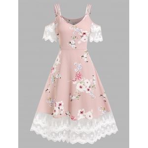 

Cold Shoulder Flower Print Lace Insert Dress, Light pink