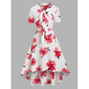 

Flower Print Pussy Bow Flare High Low Dress, White