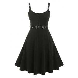 

Plus Size Zippered Grommets Vintage Dress, Black