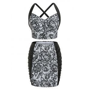 

Plus Size Floral Print Ruched Criss Cross Three Piece Tankini Swimwear, Black