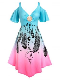 Plus Size Ombre Color Cold Shoulder Feather Print Dress - LIGHT BLUE - L