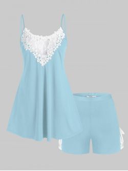 Plus Size Lace Panel Pajama Cami Top and Shorts Set - LIGHT BLUE - L