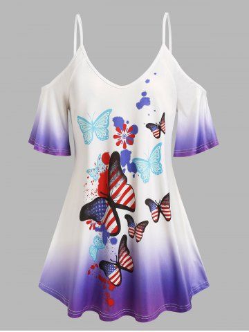 Plus Size Patriotic Butterfly American Flag Print Ombre Cold Shoulder Tee