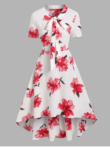 Flower Print Pussy Bow Flare High Low Dress - WHITE - XXL