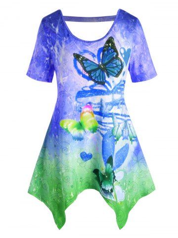 Plus Size Ombre Butterfly Cutout Handkerchief Tunic Tee - BLUE - 4X