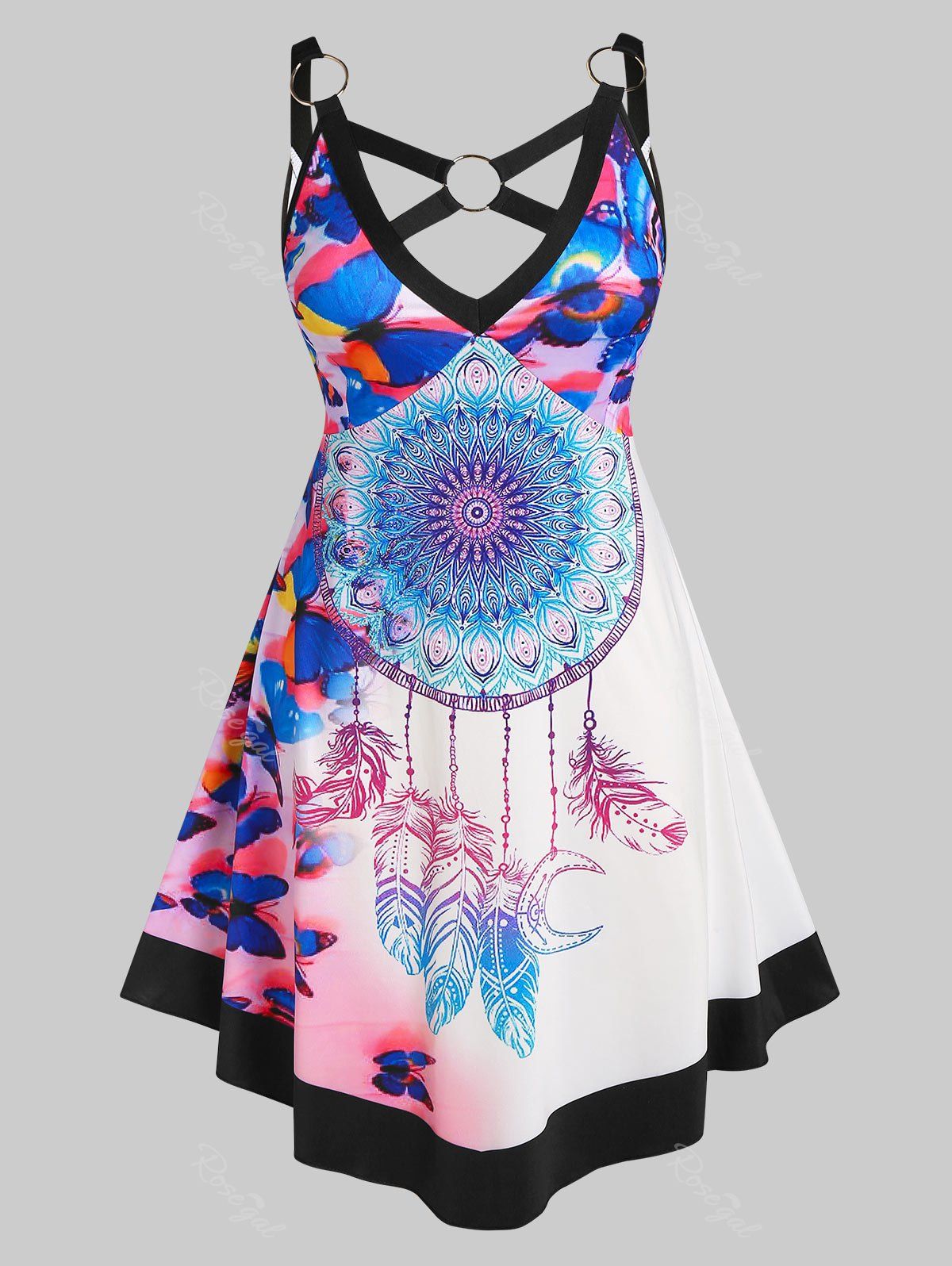 Trendy Plus Size O Ring Butterfly Dreamcatcher Print Cutout Dress  