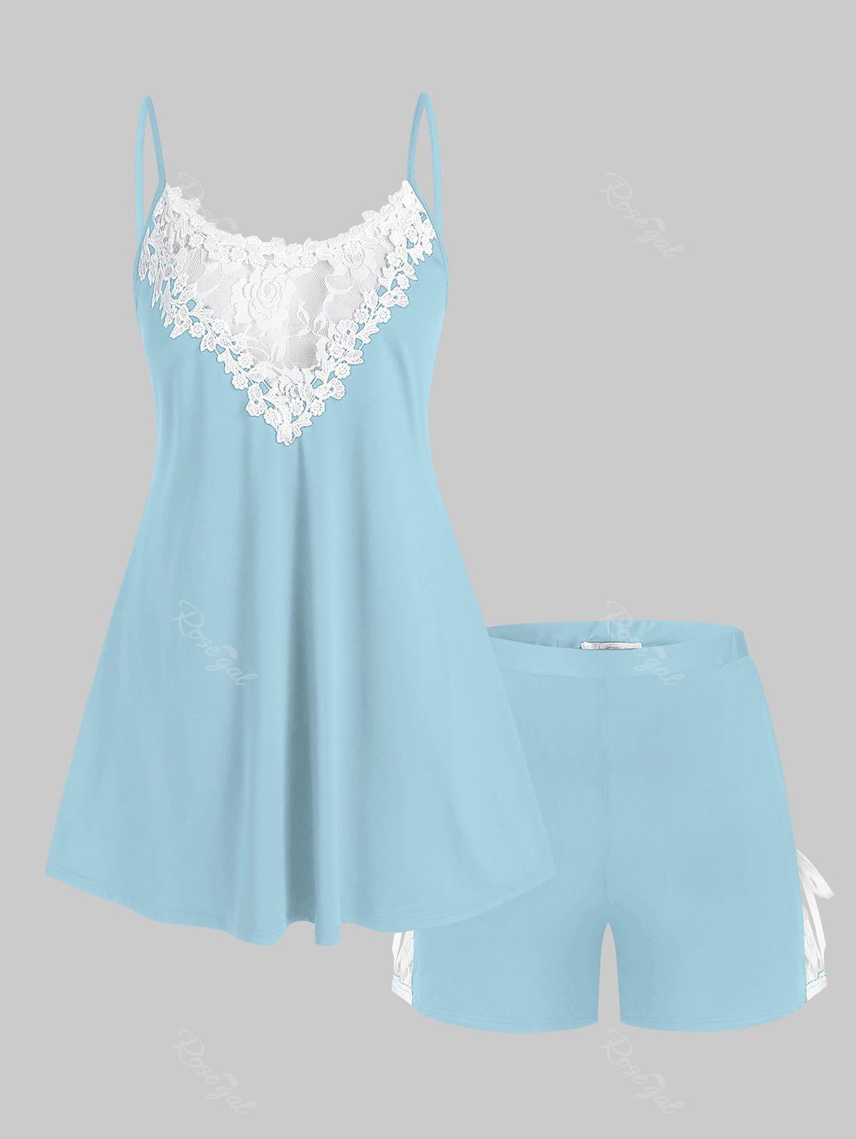 Outfit Plus Size Lace Panel Pajama Cami Top and Shorts Set  