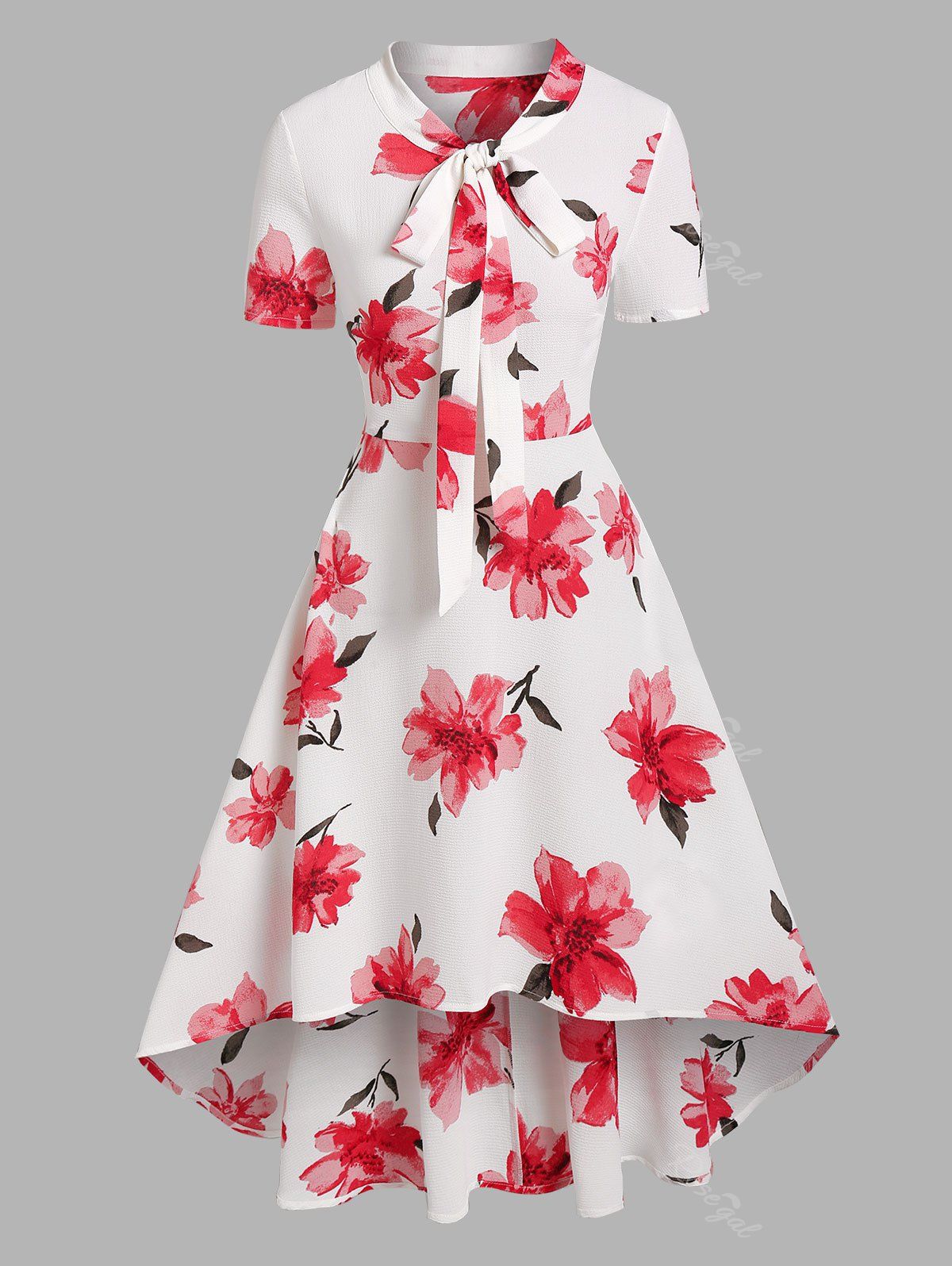 Fashion Flower Print Pussy Bow Flare High Low Dress  
