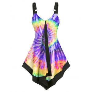 

Plus Size Tie Dye O-ring Backless Flyaway Tunic Tank Top, Concord