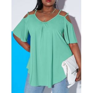 

Plus Size Cold Shoulder Double Strap Cutout Tee, Light green