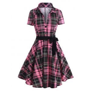 

Plunge Plaid Mock Button Belted Dress, Light pink