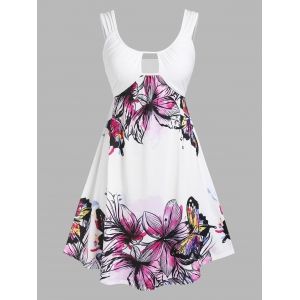 

Plus Size Cutout Flower Butterfly Print Dress, White