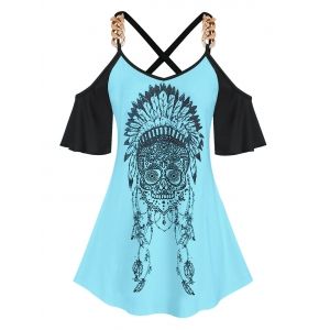 

Plus Size Crisscross Cold Shoulder Skull Print Tee, Light blue