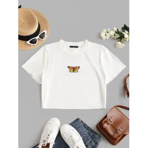 

Plus Size Raw Hem Butterfly Embroidered Crop Top, White