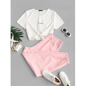 

Plus Size Destine Graphic Self-tie Two Piece Set, Light pink
