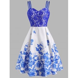 

Lace Panel Flower Print Dual Strap Dress, Blue